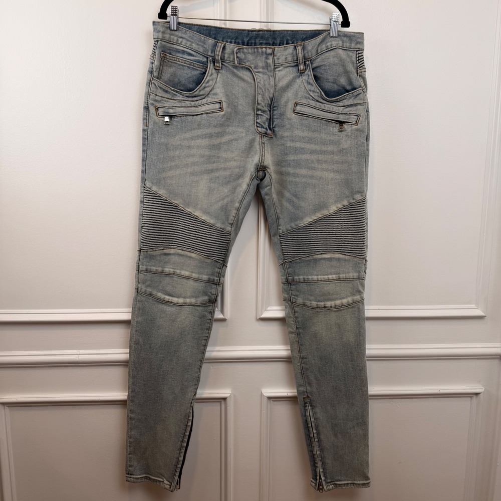 MNML M1 Biker Denim Jeans Light Blue Wash Moto Slim Fit‎ Zipper Ankle Mens 36x33